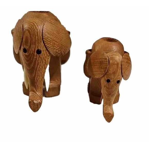 Elephant Toothpick Holders Wood Set of 2 Jungle Safari Animal MCM Boho VTG - Picture 7 of 11